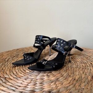 GIANNI BRAVO Black Leather / Metal Grommet Detail STRAPPY Sandal Heels 37 ITALY